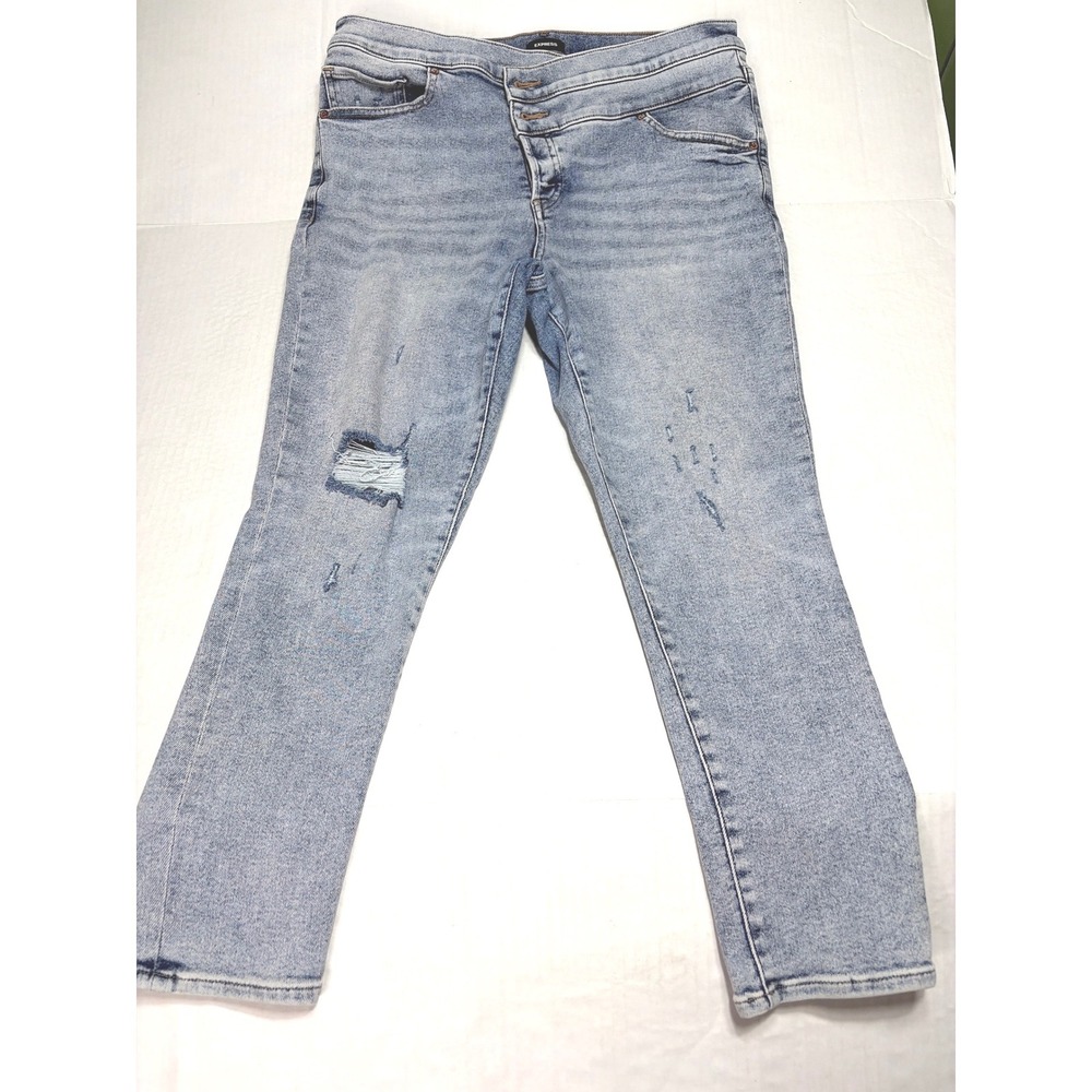 Express Cropped Skinny Jeans‎ Light Wash Crossover Waist Distressed 14R Womens